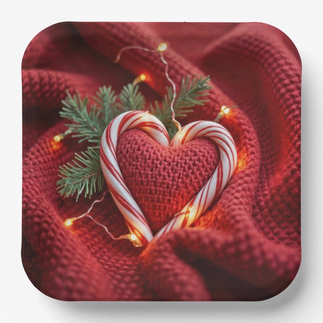 Christmas Candy Cane Heart With Lights Paper Plates (Front)