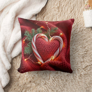 Christmas Candy Cane Heart With Lights Throw Pillow