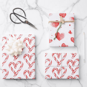 Christmas Candy Cane Hearts Wrapping Paper Sheets