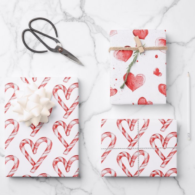Christmas Candy Cane Hearts Wrapping Paper Sheets (Front)