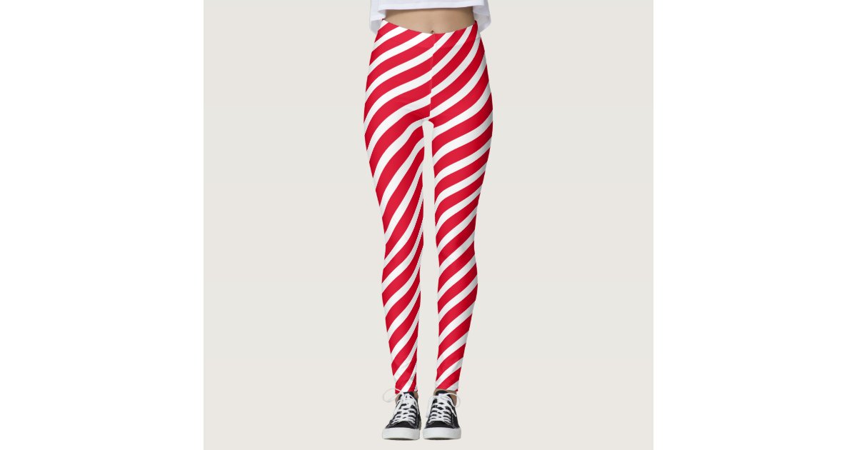 Red Striped Christmas Leggings Women, Candy Cane Elf Xmas Stripe Holid