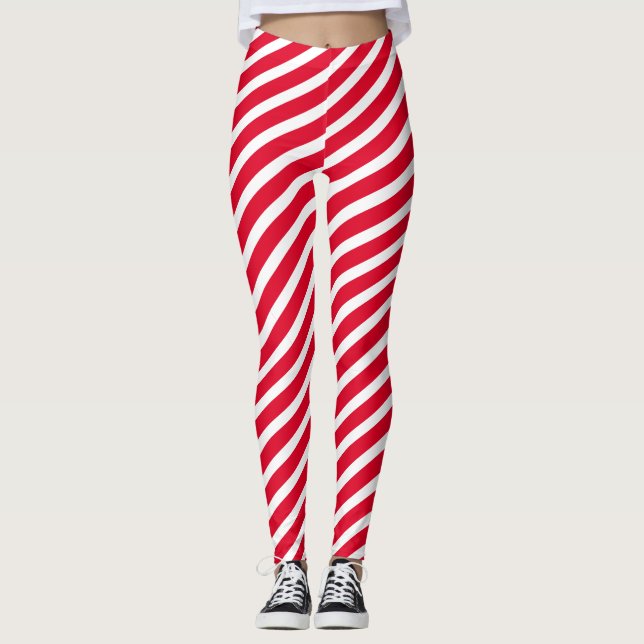Christmas Candy Cane Holiday Stripped Pattern Leggings (Front)