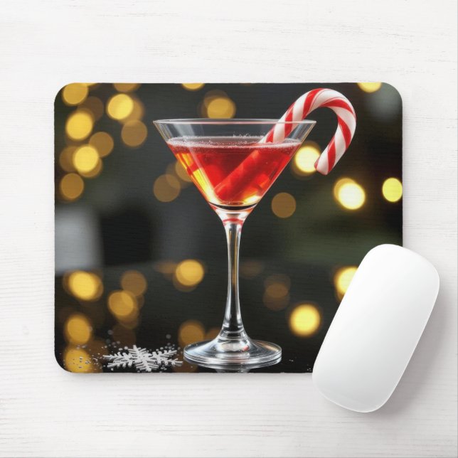 Christmas Candy Cane In a Red Cocktail Mouse Pad (With Mouse)