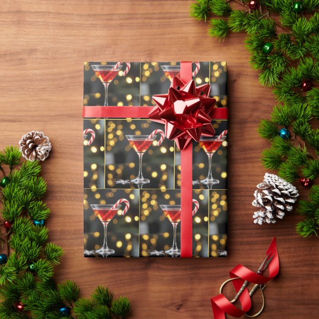 Christmas Candy Cane In a Red Cocktail Wrapping Paper (Holiday Gift)