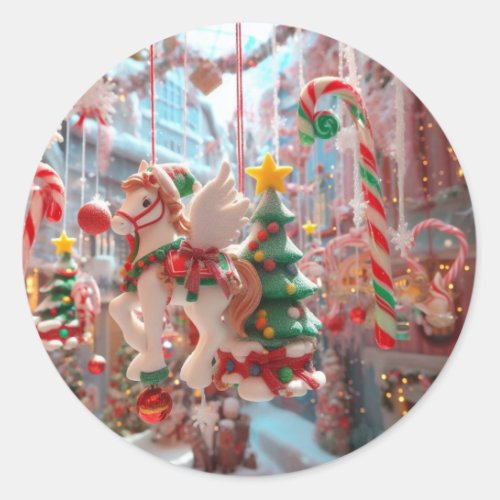 Christmas Candy Cane Magical Window Display Classic Round Sticker