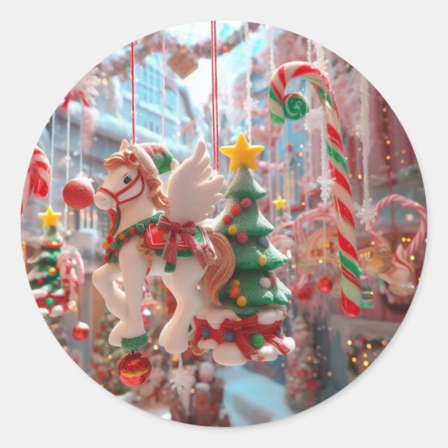 Christmas Candy Cane Magical Window Display Classic Round Sticker (Front)