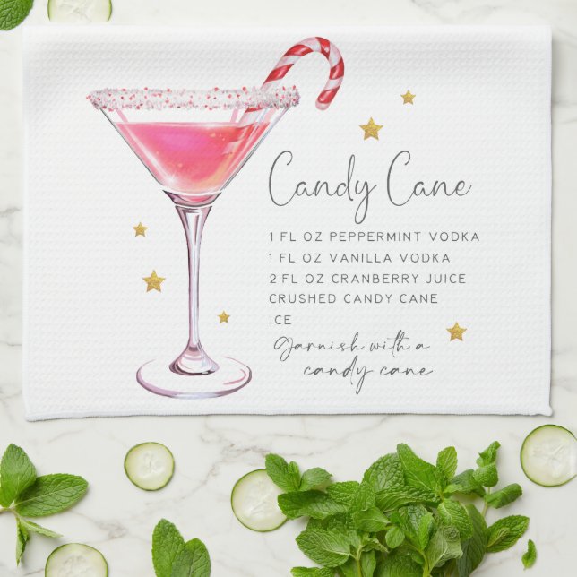 Christmas Candy Cane Martini Recipe Watercolor Kitchen Towel (Folded)