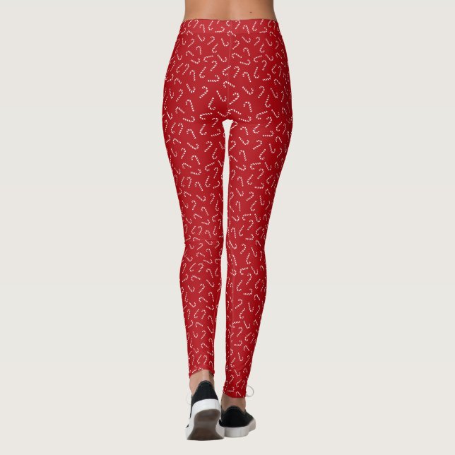 Christmas Candy Cane on Red Background Pattern Leggings (Back)