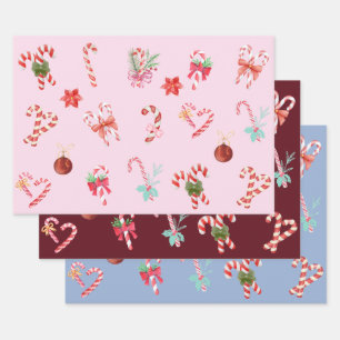 Christmas Candy Cane, Ornaments, Red Poinsettia  Wrapping Paper Sheets