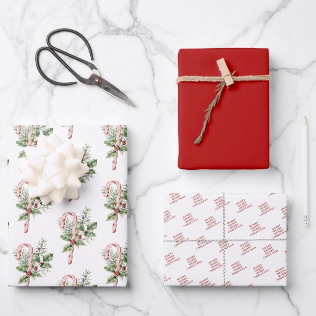 Christmas Candy Cane Packaging Coordinated Wrapping Paper Sheets (Front)