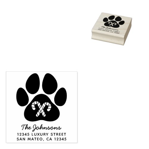 Christmas Candy Cane Paw Print Holiday Address Rubber Stamp