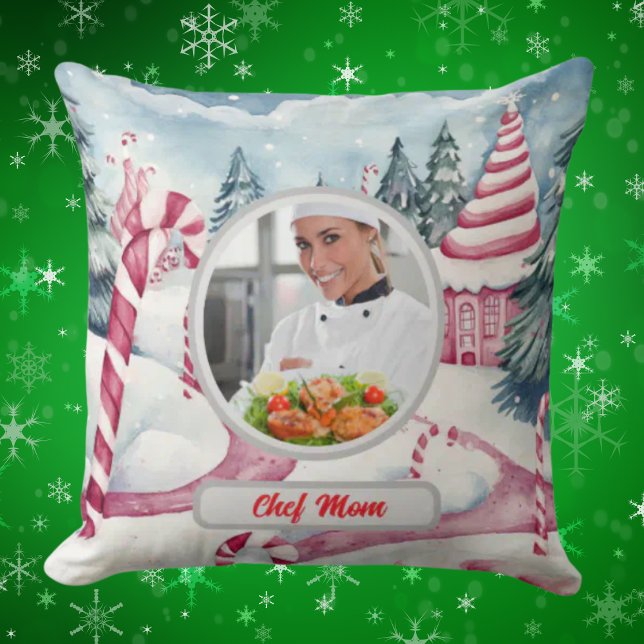 Christmas Candy Cane Personalized Chef Mom Photo Throw Pillow (Creator Uploaded)
