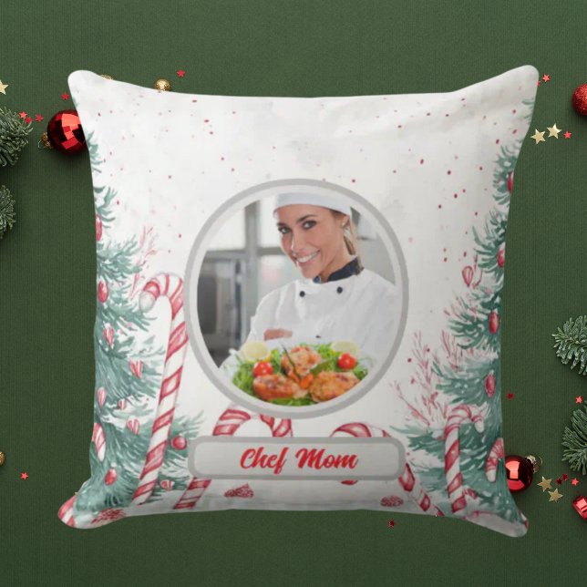Christmas Candy Cane Personalized Chef Mom Photo Throw Pillow (Creator Uploaded)