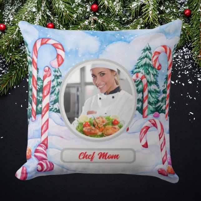Christmas Candy Cane Personalized Chef Mom Photo Throw Pillow (Creator Uploaded)