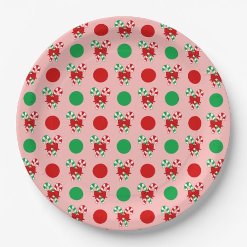 Christmas Candy Cane Polka Dot Patterned Red Paper Plates