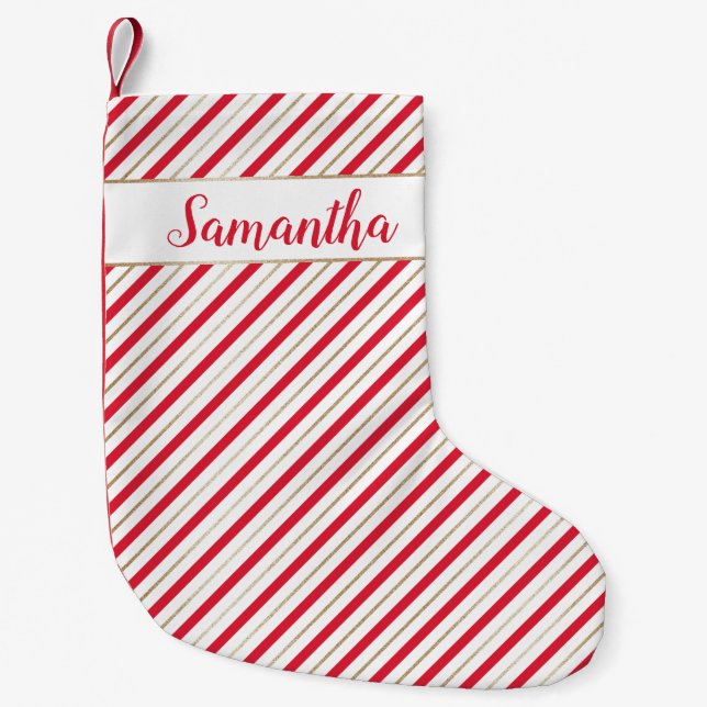 Christmas Candy Cane Red Faux Gold Custom Name Small Christmas Stocking (Front)