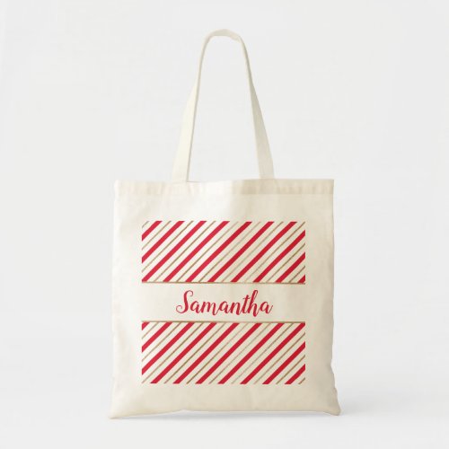 Christmas Candy Cane RedFaux Gold Name Tote Bag