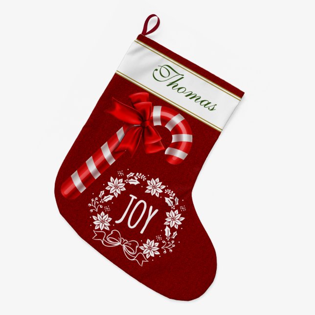 Christmas Candy Cane Red RibbonJoy Script Monogram Large Christmas Stocking (Front (Hanging))