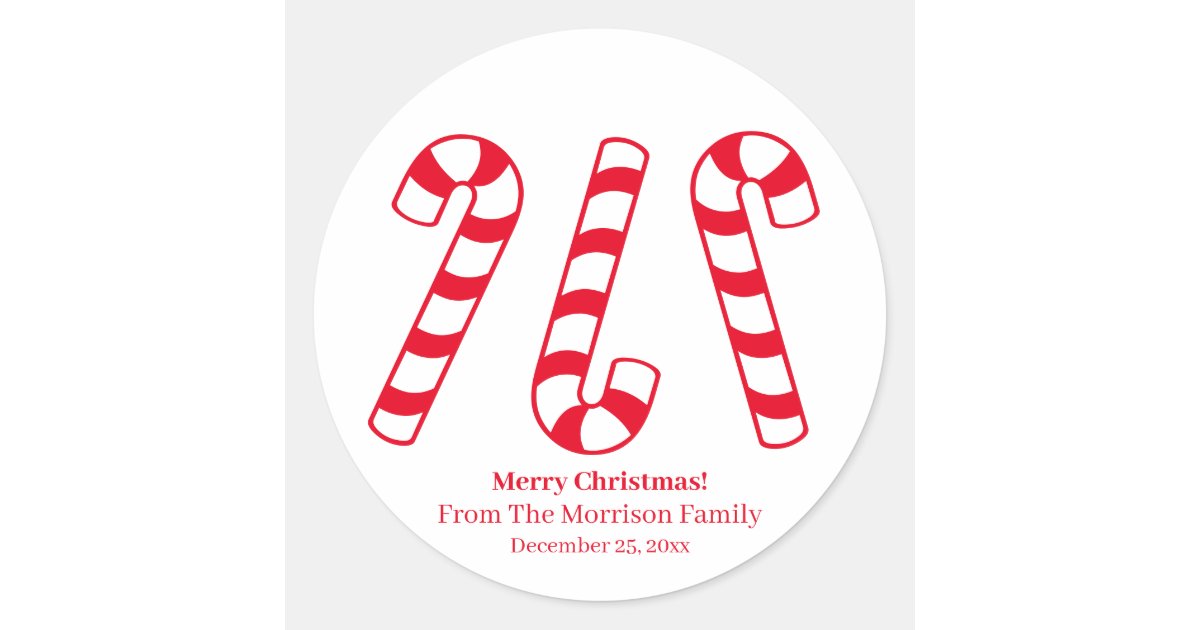Christmas candy cane red & white custom name cute classic round sticker ...