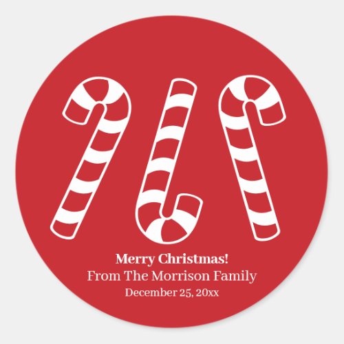 Christmas candy cane red  white custom name cute classic round sticker