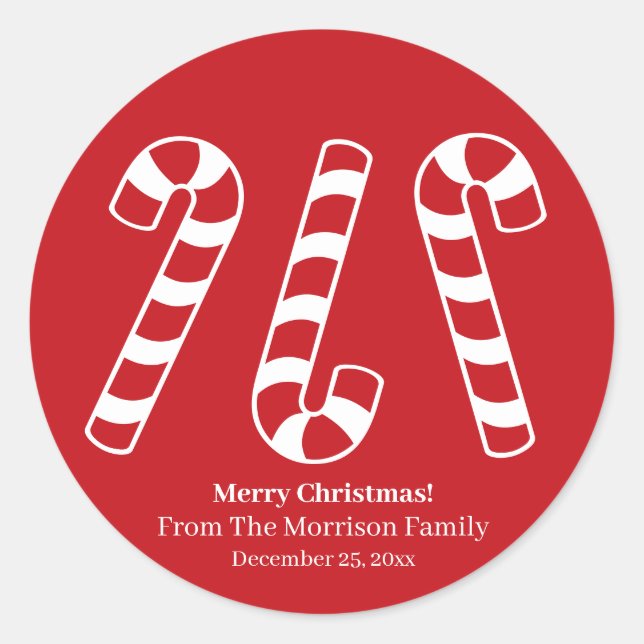 Christmas candy cane red & white custom name cute classic round sticker (Front)