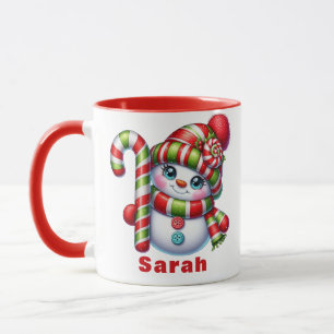 Christmas Candy Cane Snowman Custom Name Mug