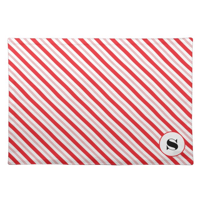 Christmas Candy Cane Stripe Monogram Cloth Placemat (Front)