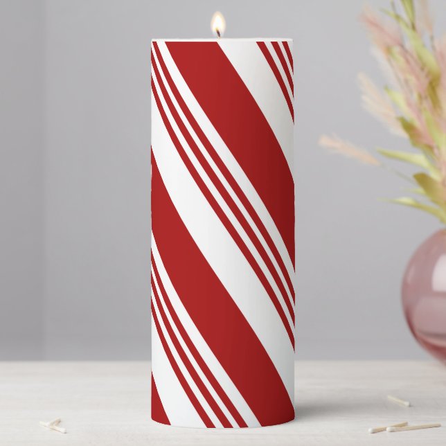 Christmas Candy Cane Striped Red White Pillar Candle (In Situ)