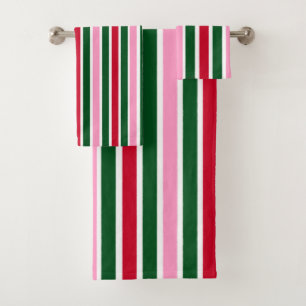 Christmas Candy Cane Stripes in Pink Green and Red Bath Towel Set