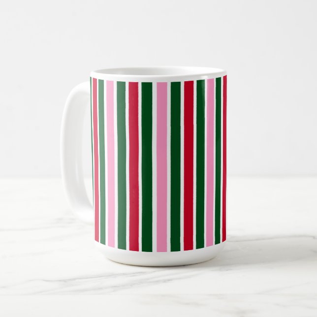 Christmas Candy Cane Stripes in Pink Green and Red Coffee Mug (Front Left)