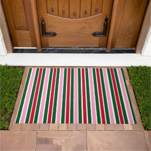 Christmas Candy Cane Stripes in Pink Green and Red Doormat