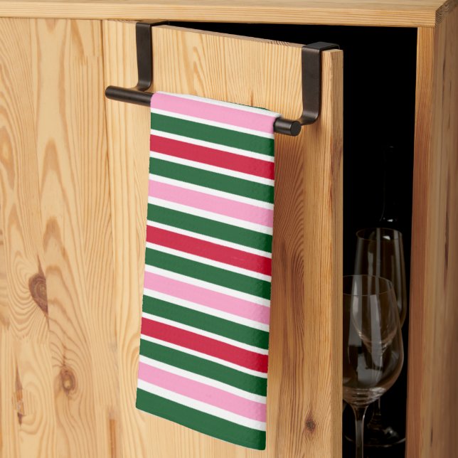 Christmas Candy Cane Stripes in Pink Green and Red Kitchen Towel (Thirds Fold)