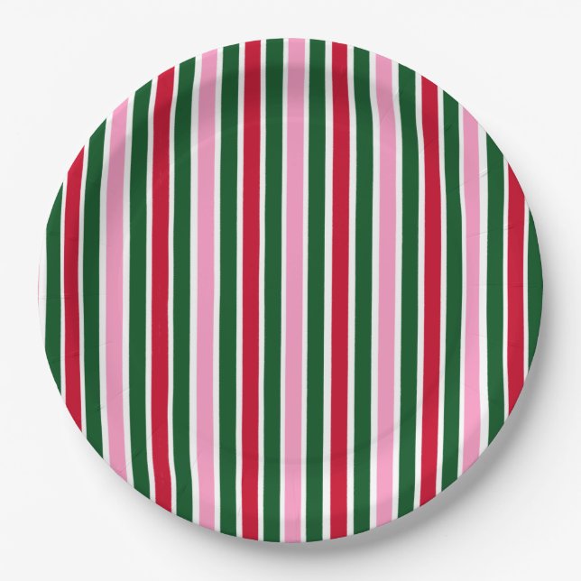 Christmas Candy Cane Stripes in Pink Green and Red Paper Plates (Front)