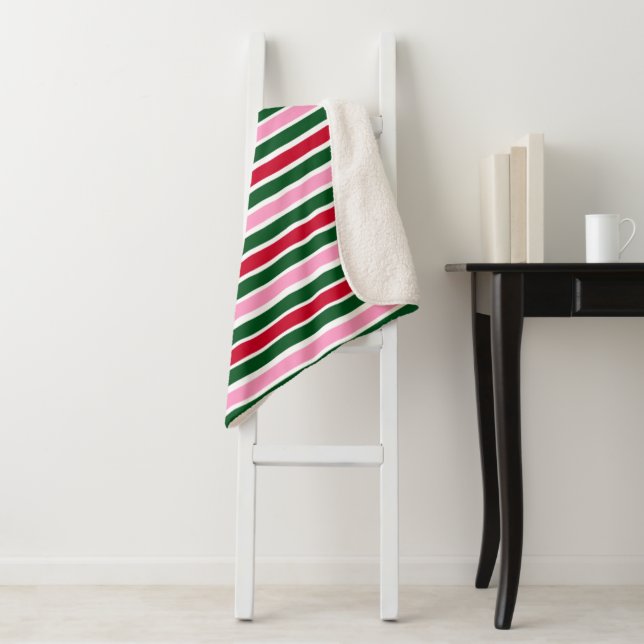 Christmas Candy Cane Stripes in Pink Green and Red Sherpa Blanket (In Situ)