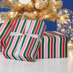 Christmas Candy Cane Stripes in Pink Green and Red Wrapping Paper