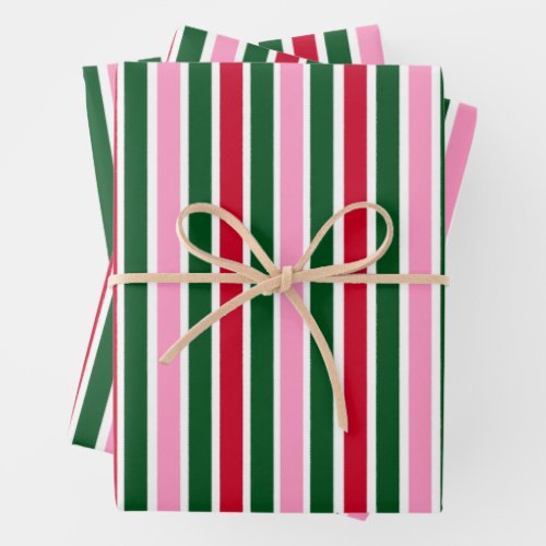 Christmas Candy Cane Stripes in Pink Green and Red Wrapping Paper Sheets