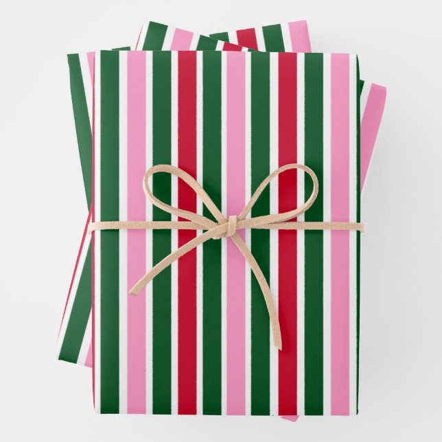 Christmas Candy Cane Stripes in Pink Green and Red Wrapping Paper Sheets (In situ)
