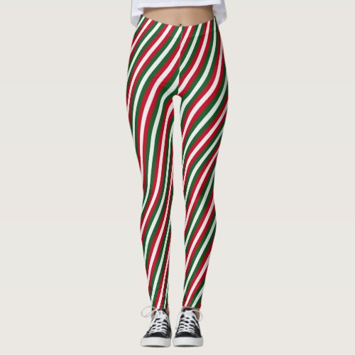 Christmas Candy Cane Stripes Red Green White Leggings