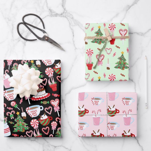 Christmas Candy Cane Sweets Patterns Wrapping Paper Sheets (Front)