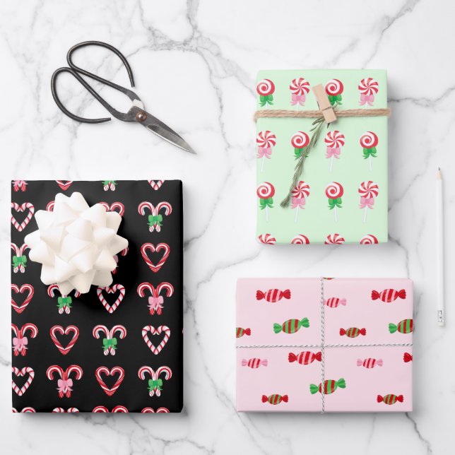 Christmas Candy Cane Sweets Patterns Wrapping Paper Sheets (Front)