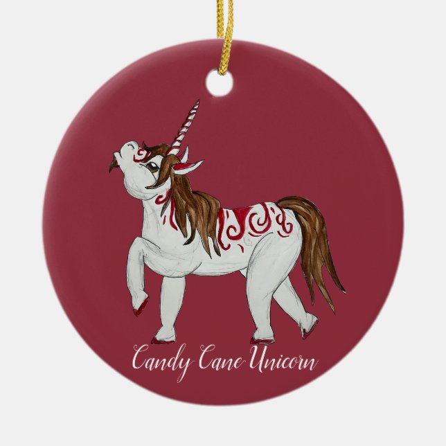Christmas Candy Cane Unicorn Ceramic Ornament (Front)