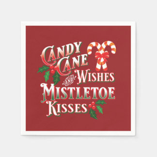 CHRISTMAS CANDY CANE WISHES MISTLETOE KISSES PAPER NAPKINS