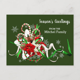 Christmas Candy Canes and Poinsettia Seasonal Postcard