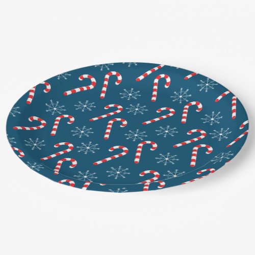 Christmas candy canes and snowflakes pattern blue paper plates