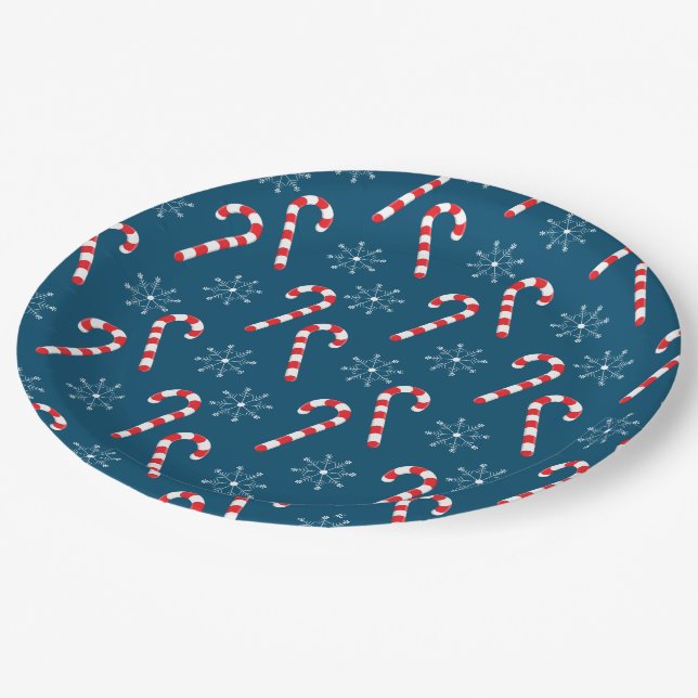 Christmas candy canes and snowflakes pattern blue paper plates (Angled)