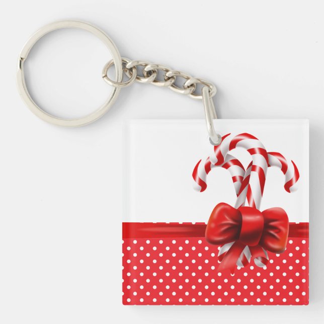 Christmas Candy Canes Bow with Red and White Dots  Keychain (Front)