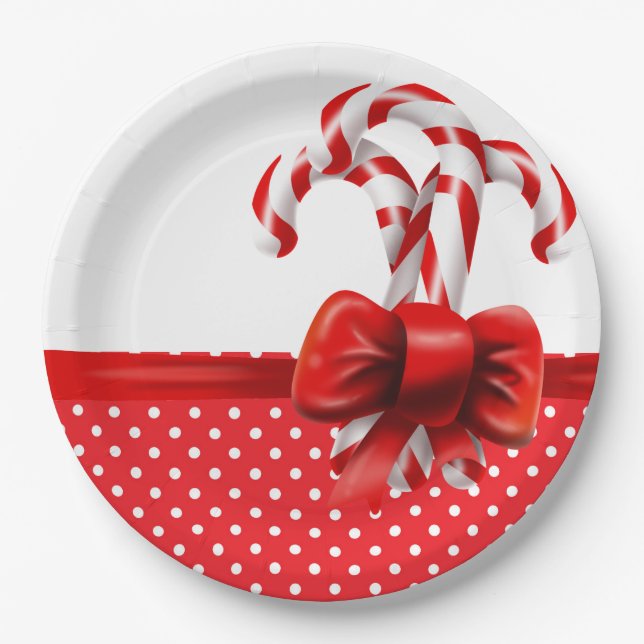 Christmas Candy Canes Bow with Red and White Dots Paper Plates (Front)