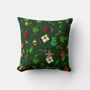Christmas Candy Canes Gingerbread Packages Design Throw Pillow