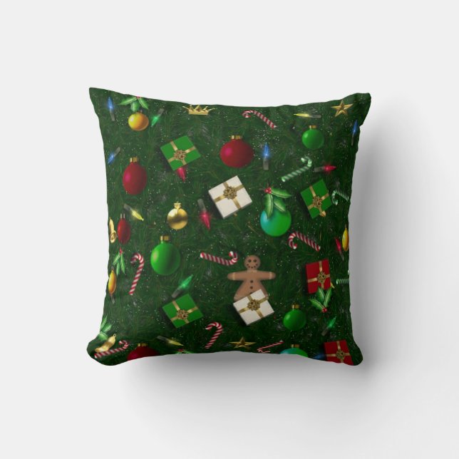 Christmas Candy Canes Gingerbread Packages Design Throw Pillow (Front)
