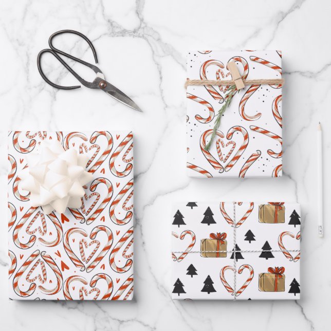 Christmas Candy Canes, Hearts, Trees & Gifts Wrapping Paper Sheets (Front)